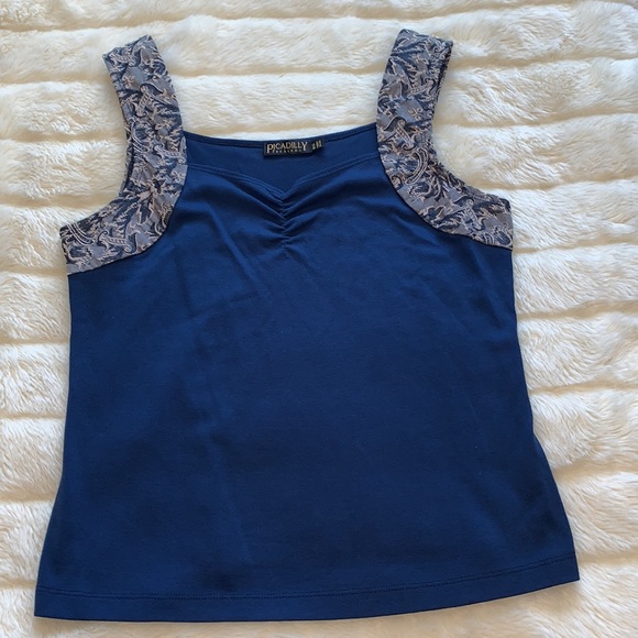 Piccadilly fashions navy blue brocade trim sweetheart tank top M - Picture 11 of 12